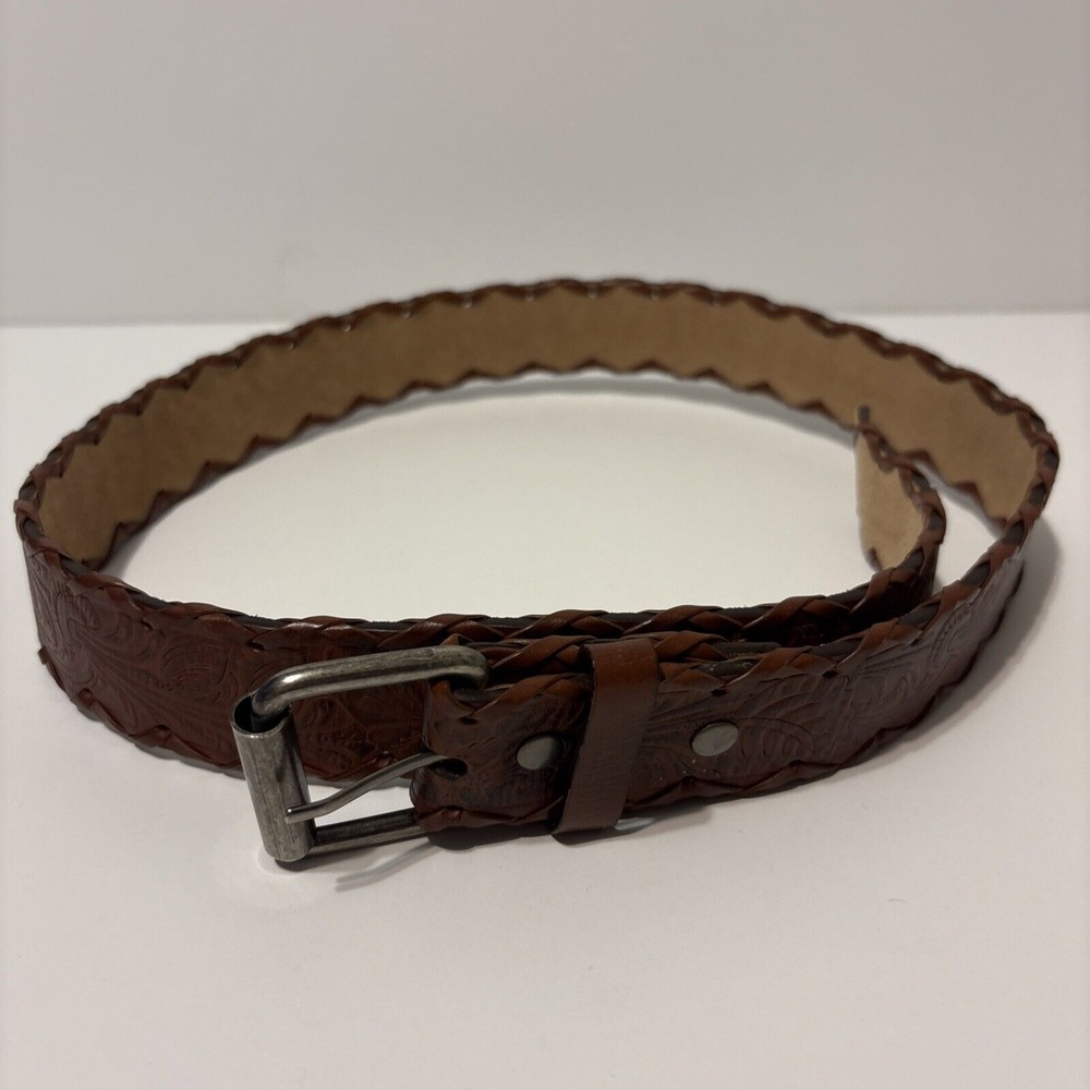 EUC‎ Embossed Tooled Camel Brown Western Cowgirl Floral Leather Belt Size Large